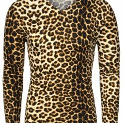 Allegra K Men's Vintage Leopard Printed Top Lightweight Slim Fit Long Sleeves Pullover T Shirt