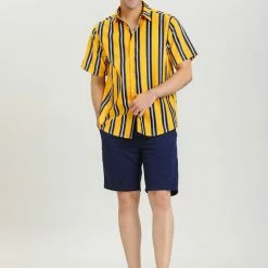 Allegra K Men's Summer Striped Shirts Short Sleeves Button Down Beach Color Block Shirt