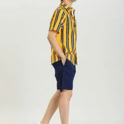 Allegra K Men's Summer Striped Shirts Short Sleeves Button Down Beach Color Block Shirt