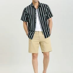 Allegra K Men's Summer Striped Shirts Short Sleeves Button Down Beach Color Block Shirt