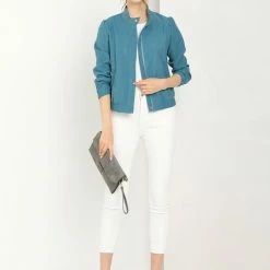 Allegra K Women's Faux Suede Stand Collar Concealed Placket Pockets Short Bomber Jacket 21 Allegra K Women's Faux Suede Stand Collar Concealed Placket Pockets Short Bomber Jacket