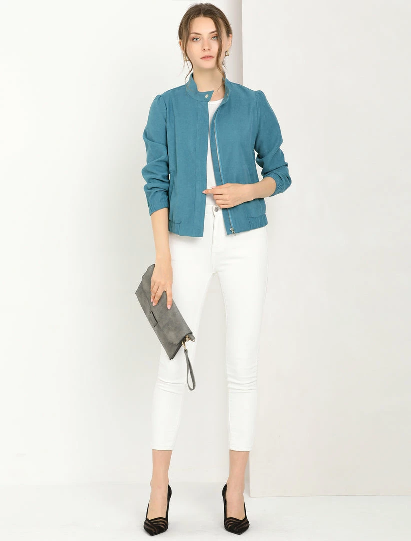 Allegra K Women's Faux Suede Stand Collar Concealed Placket Pockets Short Bomber Jacket 10 Allegra K Women's Faux Suede Stand Collar Concealed Placket Pockets Short Bomber Jacket