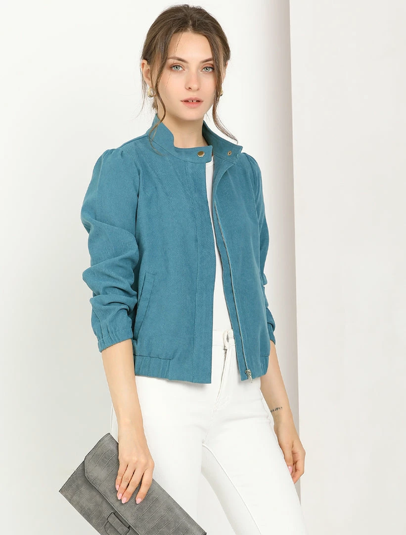 Allegra K Women's Faux Suede Stand Collar Concealed Placket Pockets Short Bomber Jacket 11 Allegra K Women's Faux Suede Stand Collar Concealed Placket Pockets Short Bomber Jacket