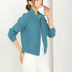 Allegra K Women's Faux Suede Stand Collar Concealed Placket Pockets Short Bomber Jacket 23 Allegra K Women's Faux Suede Stand Collar Concealed Placket Pockets Short Bomber Jacket