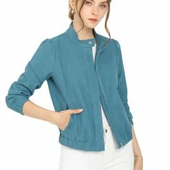 Allegra K Women's Faux Suede Stand Collar Concealed Placket Pockets Short Bomber Jacket 20 Allegra K Women's Faux Suede Stand Collar Concealed Placket Pockets Short Bomber Jacket
