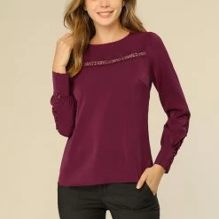 Allegra K Women's Office Long Sleeve Crew Neck Lace Inset Blouse Shirt