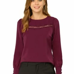 Allegra K Women's Office Long Sleeve Crew Neck Lace Inset Blouse Shirt