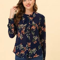 Allegra K Long Sleeve Ruffle Collar Button Down Floral Shirt