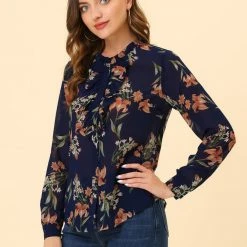 Allegra K Long Sleeve Ruffle Collar Button Down Floral Shirt