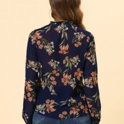 Allegra K Long Sleeve Ruffle Collar Button Down Floral Shirt