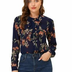 Allegra K Long Sleeve Ruffle Collar Button Down Floral Shirt
