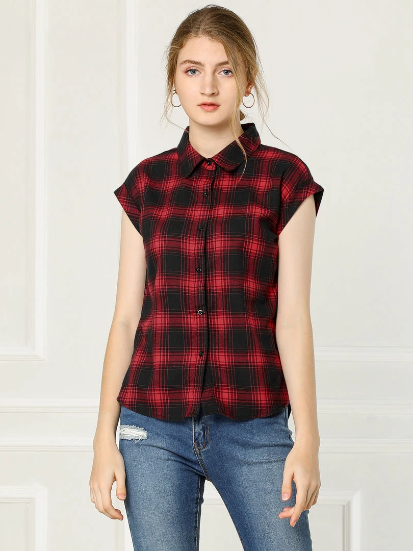 Allegra K Short Sleeve Button Down Blouse Plaid Shirt Women 16 Allegra K Short Sleeve Button Down Blouse Plaid Shirt Women