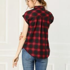Allegra K Short Sleeve Button Down Blouse Plaid Shirt Women 34 Allegra K Short Sleeve Button Down Blouse Plaid Shirt Women