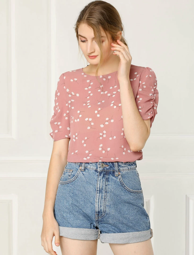 Allegra K Women's Floral Blouse Crew Neck Summer Casual Shirred Short Sleeve Top 11 Allegra K Women's Floral Blouse Crew Neck Summer Casual Shirred Short Sleeve Top