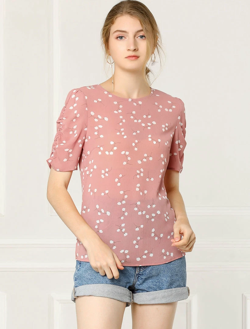 Allegra K Women's Floral Blouse Crew Neck Summer Casual Shirred Short Sleeve Top 12 Allegra K Women's Floral Blouse Crew Neck Summer Casual Shirred Short Sleeve Top