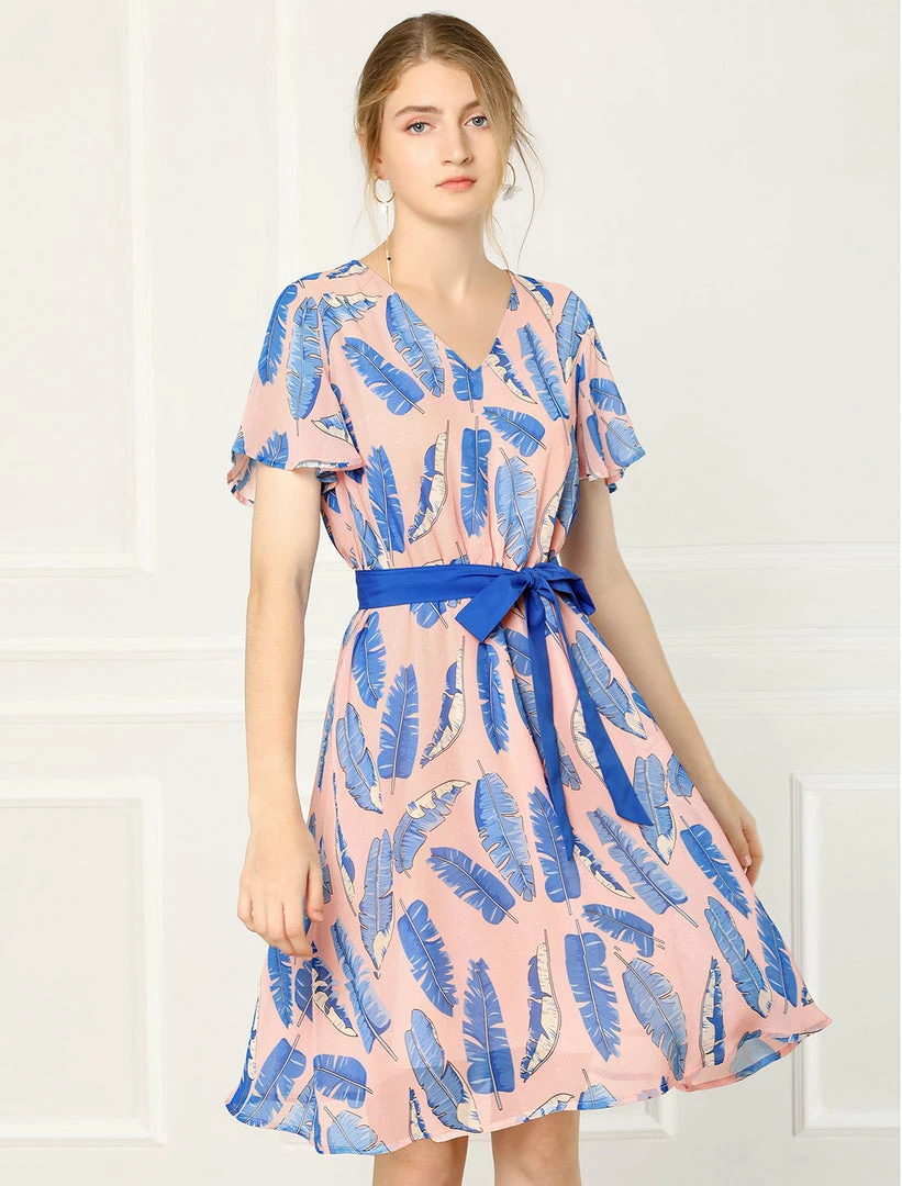 Allegra K Women's Flutter Sleeve V Neck Belted Chiffon Leaf Prints Dress 16 Allegra K Women's Flutter Sleeve V Neck Belted Chiffon Leaf Prints Dress