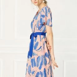 Allegra K Women's Flutter Sleeve V Neck Belted Chiffon Leaf Prints Dress 35 Allegra K Women's Flutter Sleeve V Neck Belted Chiffon Leaf Prints Dress