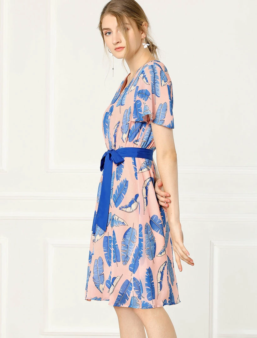 Allegra K Women's Flutter Sleeve V Neck Belted Chiffon Leaf Prints Dress 18 Allegra K Women's Flutter Sleeve V Neck Belted Chiffon Leaf Prints Dress