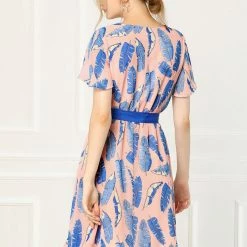 Allegra K Women's Flutter Sleeve V Neck Belted Chiffon Leaf Prints Dress 36 Allegra K Women's Flutter Sleeve V Neck Belted Chiffon Leaf Prints Dress