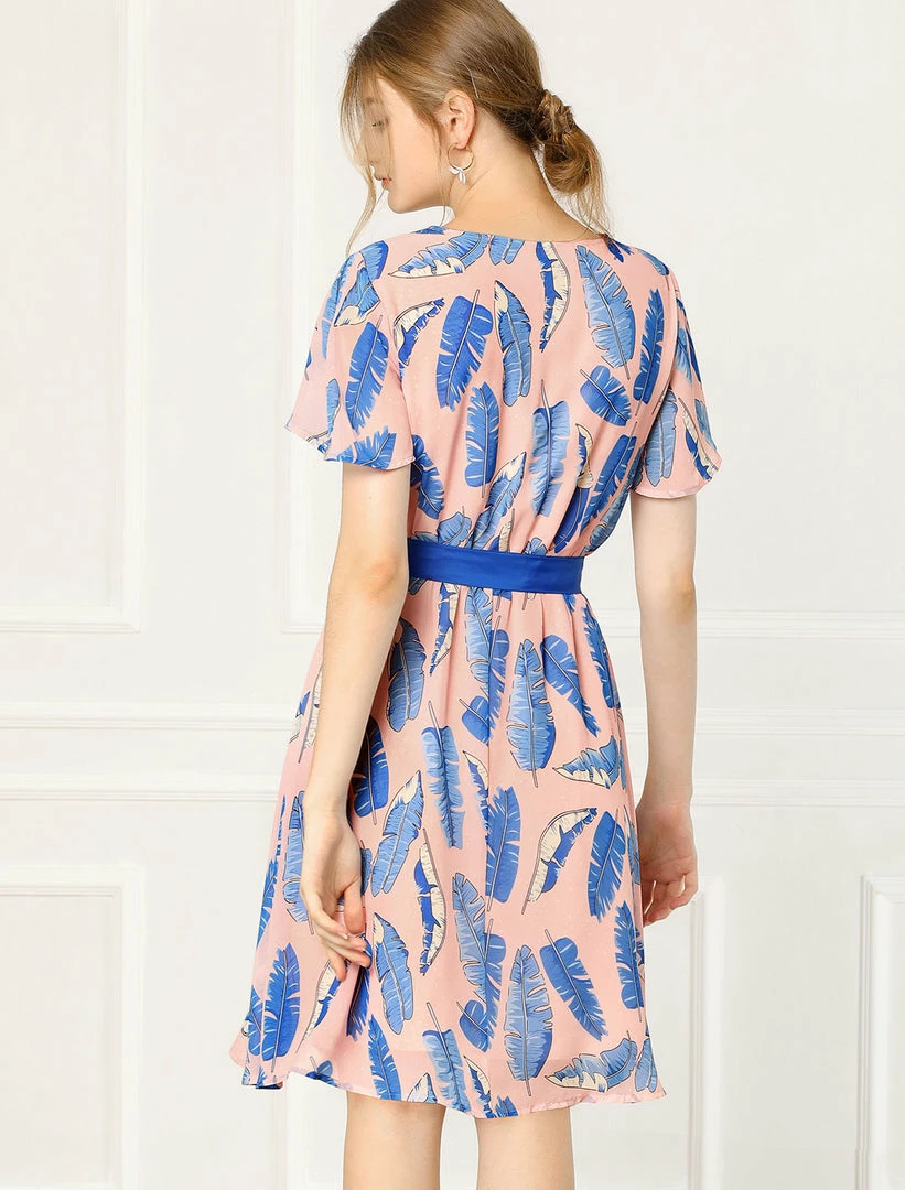 Allegra K Women's Flutter Sleeve V Neck Belted Chiffon Leaf Prints Dress 19 Allegra K Women's Flutter Sleeve V Neck Belted Chiffon Leaf Prints Dress
