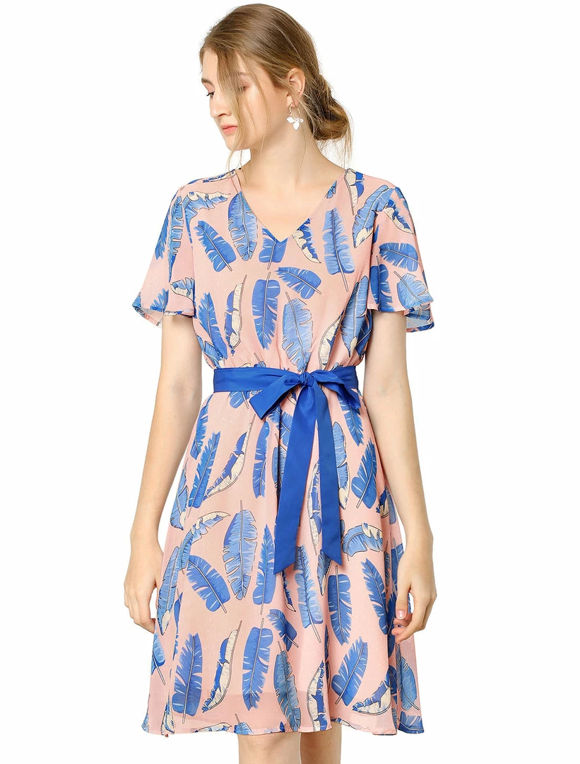 Allegra K Women's Flutter Sleeve V Neck Belted Chiffon Leaf Prints Dress 15 Allegra K Women's Flutter Sleeve V Neck Belted Chiffon Leaf Prints Dress