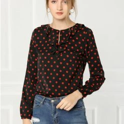 Allegra K Ruffle Neck Vintage Polka Dots Long Sleeve Blouse Clothing