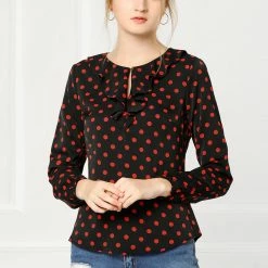 Allegra K Ruffle Neck Vintage Polka Dots Long Sleeve Blouse Clothing
