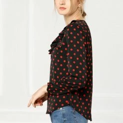 Allegra K Ruffle Neck Vintage Polka Dots Long Sleeve Blouse Clothing
