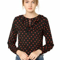 Allegra K Ruffle Neck Vintage Polka Dots Long Sleeve Blouse Clothing