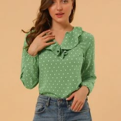Allegra K Ruffle Neck Vintage Polka Dots Long Sleeve Blouse Clothing