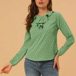 Allegra K Ruffle Neck Vintage Polka Dots Long Sleeve Blouse Clothing