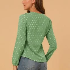 Allegra K Ruffle Neck Vintage Polka Dots Long Sleeve Blouse Clothing