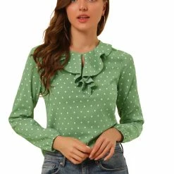 Allegra K Ruffle Neck Vintage Polka Dots Long Sleeve Blouse Clothing