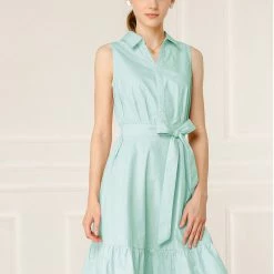 Allegra K Women's Cotton Dresses Casual Ruffled Sleeveless Vintage Shirt Dress With Belt