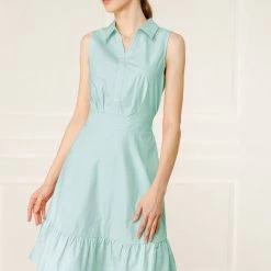 Allegra K Women's Cotton Dresses Casual Ruffled Sleeveless Vintage Shirt Dress With Belt