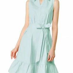Allegra K Women's Cotton Dresses Casual Ruffled Sleeveless Vintage Shirt Dress With Belt