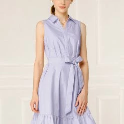 Allegra K Women's Cotton Dresses Casual Ruffled Sleeveless Vintage Shirt Dress With Belt