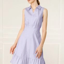 Allegra K Women's Cotton Dresses Casual Ruffled Sleeveless Vintage Shirt Dress With Belt