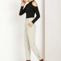 Allegra K Women's Belted High Waist Zipper Straight Solid Button Decor Pants