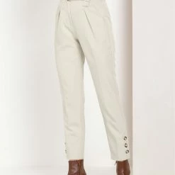 Allegra K Women's Belted High Waist Zipper Straight Solid Button Decor Pants