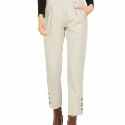 Allegra K Women's Belted High Waist Zipper Straight Solid Button Decor Pants