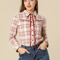 Allegra K Women's Ruffle Plaid Tartan Shirt Button Up Long Sleeve Tie Neck Cotton Top Blouse