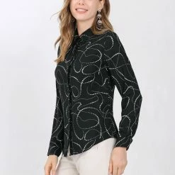 Allegra K Women's Business Long Sleeve Button Up Shirt Dots Point Collar Top Blouse