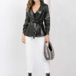 Allegra K Women's Long Sleeve Notched Lapel Open Front Button Cuff Tie Waist Belted Leather Biker Jacket