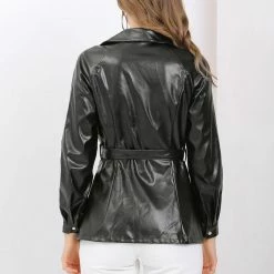 Allegra K Women's Long Sleeve Notched Lapel Open Front Button Cuff Tie Waist Belted Leather Biker Jacket