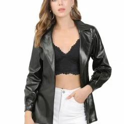 Allegra K Women's Long Sleeve Notched Lapel Open Front Button Cuff Tie Waist Belted Leather Biker Jacket