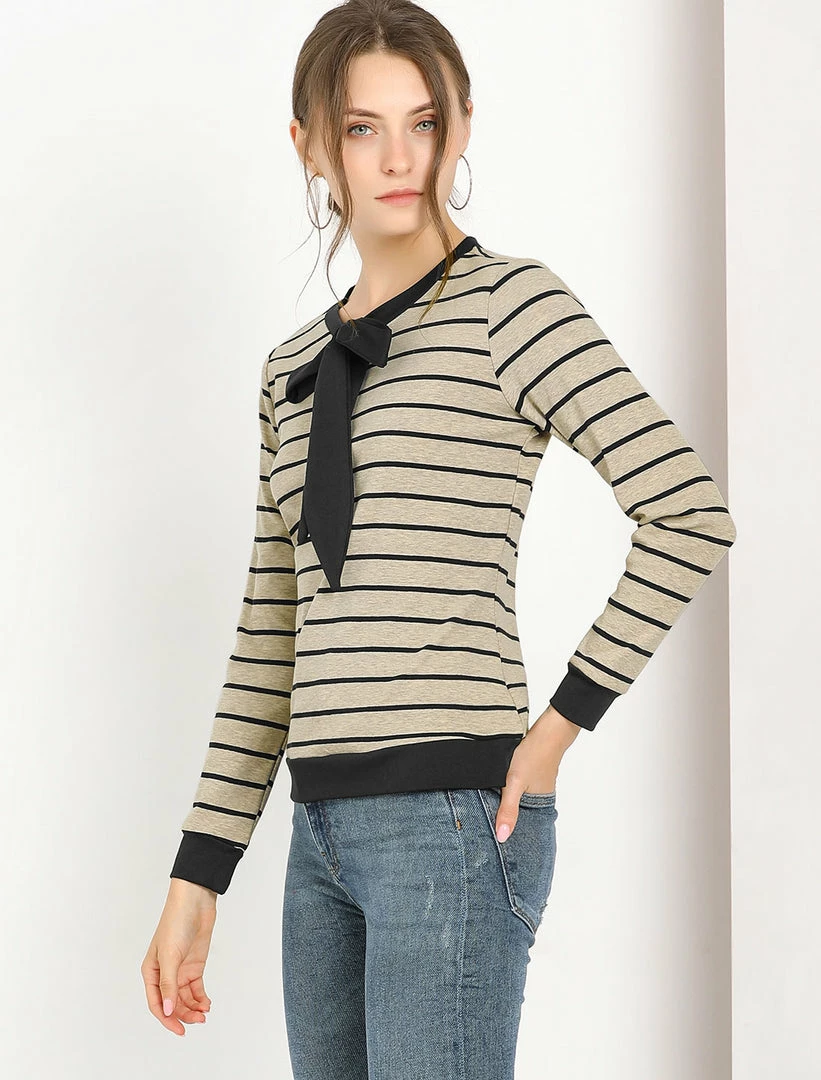 Allegra K Women's Work Contrast Stripe Knitted Top Crew Neck Bow Tie Blouse 18 Allegra K Women's Work Contrast Stripe Knitted Top Crew Neck Bow Tie Blouse