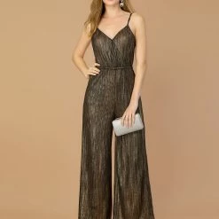 Allegra K Women's Metallic Elastic Waist Adjustable Strap Stretchy Knit Maxi Jumpsuit With Pocket