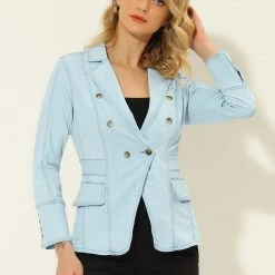 Allegra K Women's Casual Lapel Jeans Long Sleeve Denim Jacket W Pockets