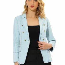 Allegra K Women's Casual Lapel Jeans Long Sleeve Denim Jacket W Pockets